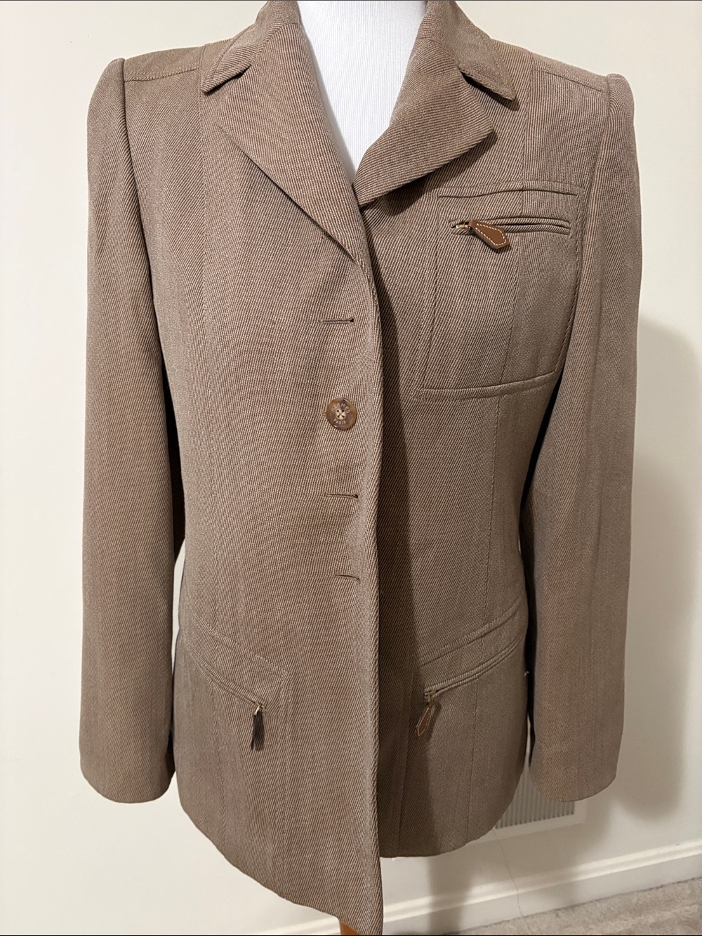 Vintage Hermes Taupe Blazer with Zip Pockets and leather collar-size 38